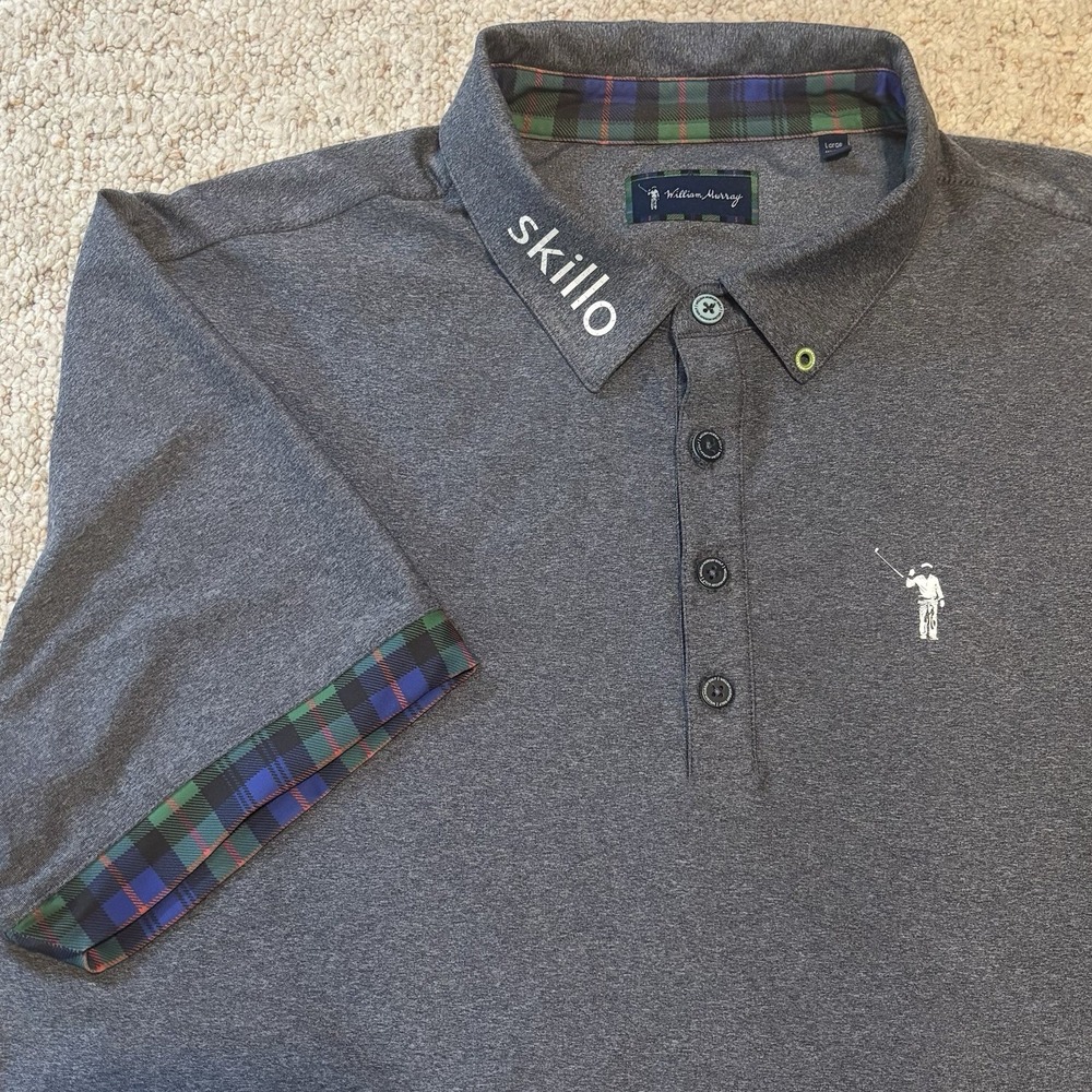 William Murray Polo Shirt Mens L  Blue Golf Performance Plaid Trim Classic